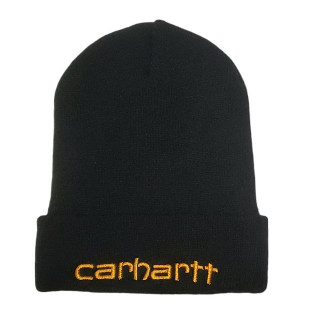 Carhartt Knit Beanie Hat Cuffed 3M Thinsulate Black Orange Spell Out Embroidered